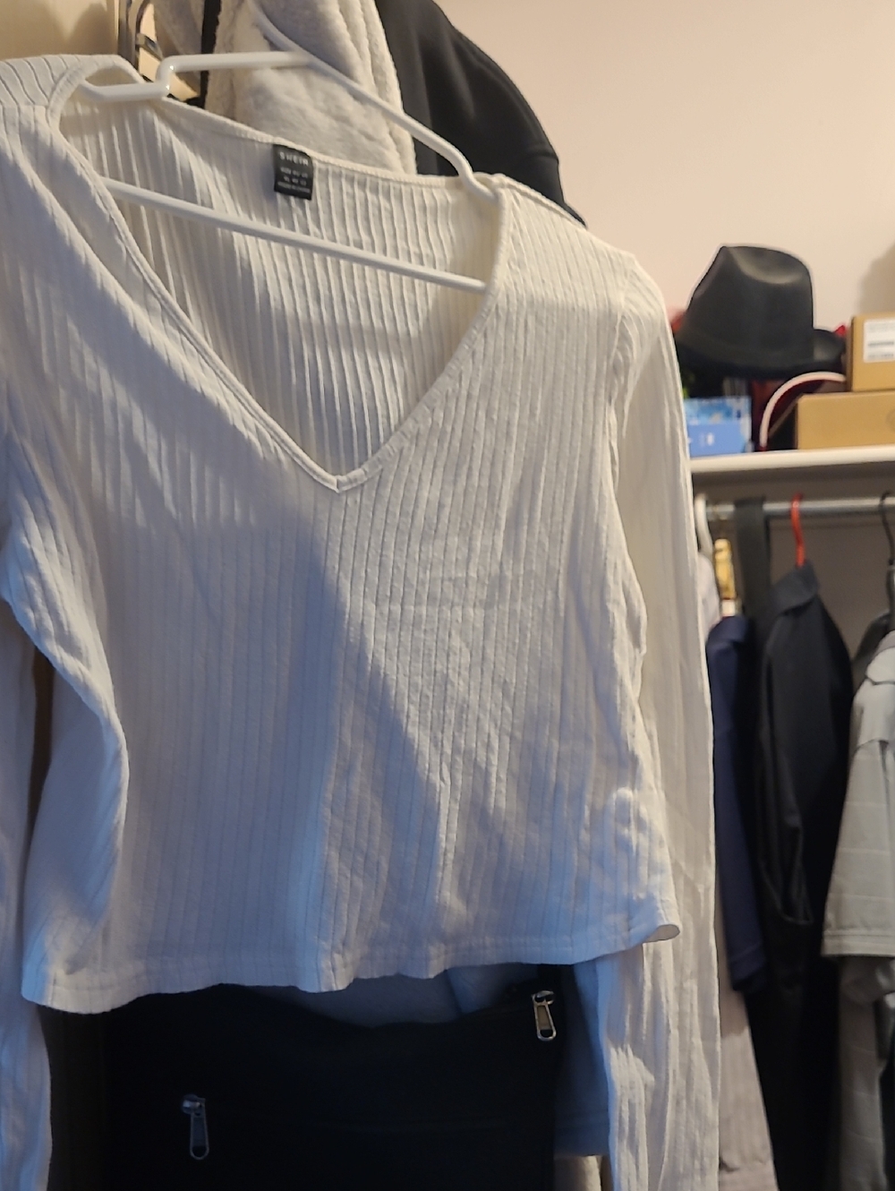 SHEIN White Ribbed V-Neck Long Sleeve Top